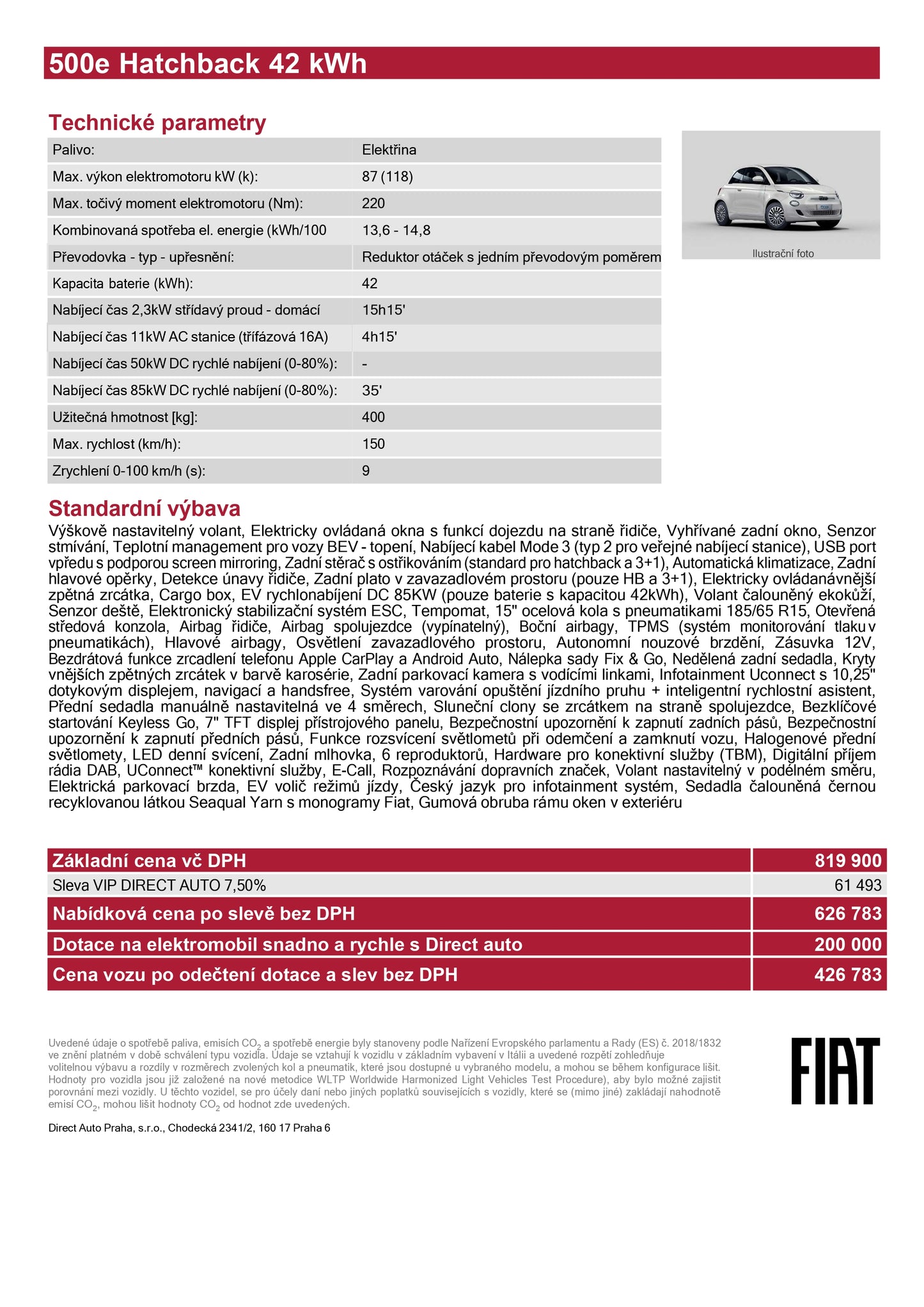 Fiat 500e Hatchback 42 kWh dojezd ve městě až 468km