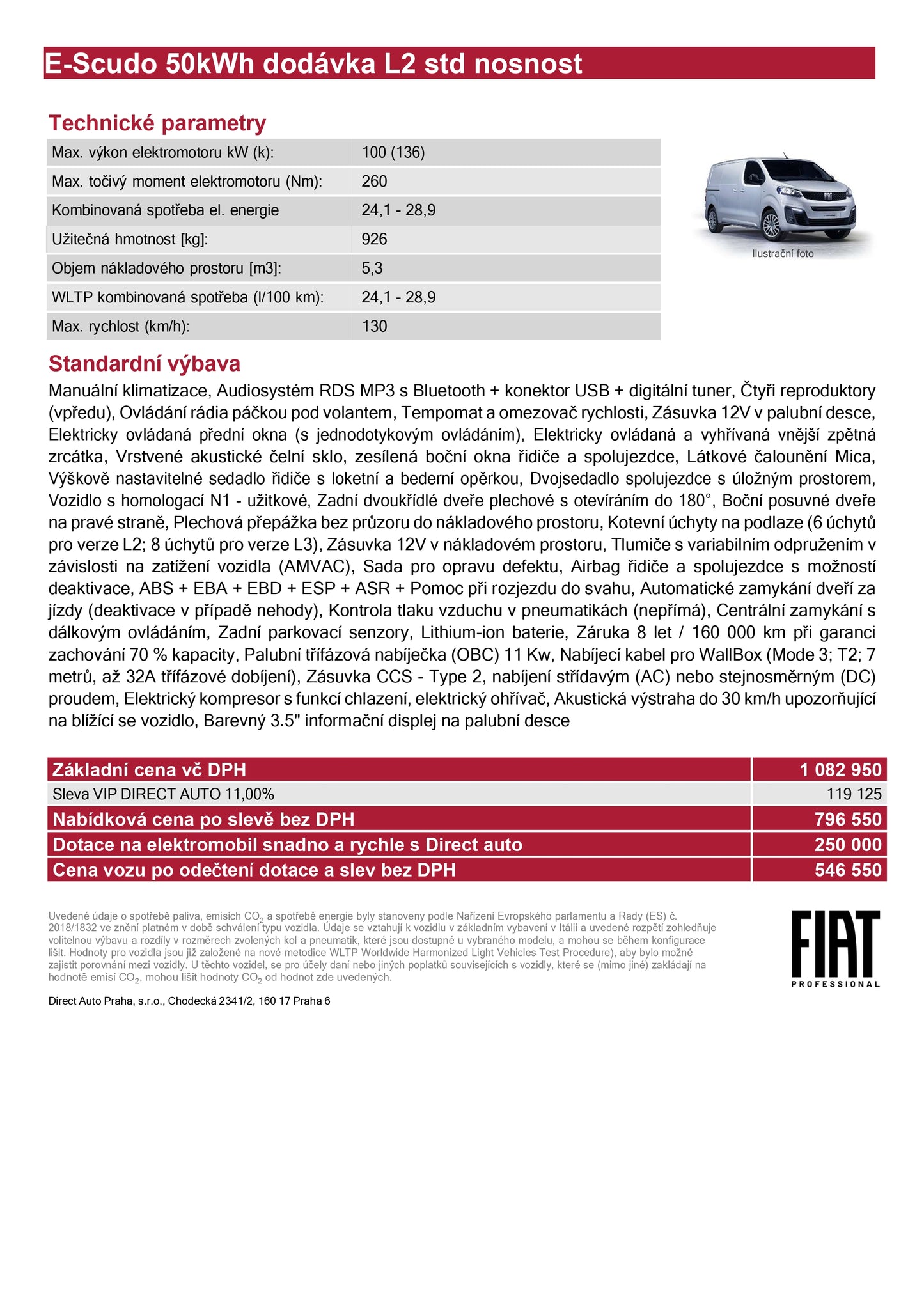 Fiat E-Scudo 50kWh 136k VAN L2 dojezd až 350km